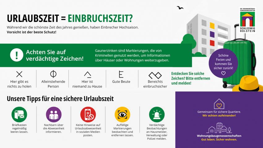 Infografik „Urlaubszeit = Einbruchszeit?“ mit Warnung vor verdächtigen Gaunerzinken und Tipps für eine sichere Urlaubszeit, z. B. Briefkasten leeren, Nachbarn informieren und keine Urlaubshinweise posten.