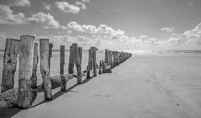 Strandansicht mit Dünen und Holzpfählen im Sand.