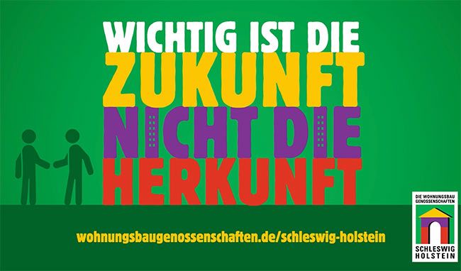 Grafik mit dem Text 'Wichtig ist die Zukunft, nicht die Herkunft' der Wohnungsbaugenossenschaften Schleswig-Holstein