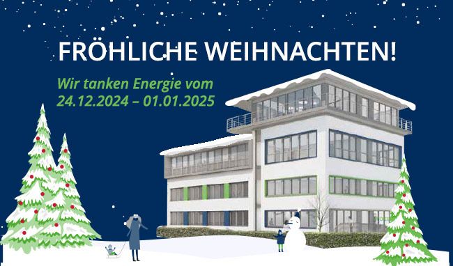 Grafik mit Weihnachtsgruß und Illustration des WOGE-Gebäudes, Text: 'Fröhliche Weihnachten – Wir tanken Energie vom 24.12.2024 bis 01.01.2025'