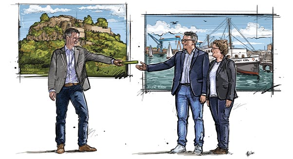 Illustration der Staffelstabübergabe zwischen der Baugenossenschaft Hegau eG und der WOGE Wohnungs-Genossenschaft Kiel eG