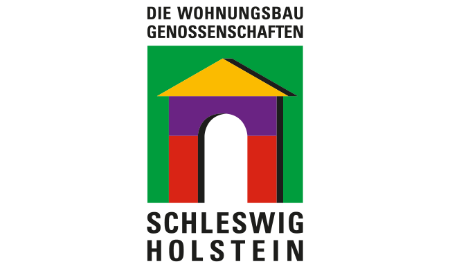 Logo der Wohnungsbaugenossenschaften Schleswig-Holstein mit stilisiertem Haus in Grün, Gelb, Lila und Rot
