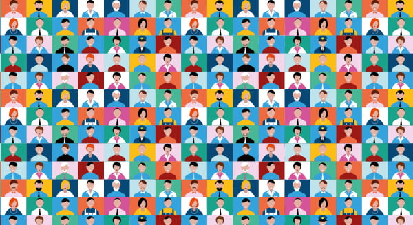 Illustration vieler unterschiedlicher Menschen als Symbol für die Mitglieder der WOGE Wohnungs-Genossenschaft Kiel eG.
