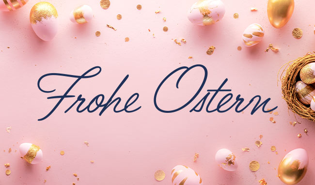 Text Frohe Ostern auf Pinken Hintergrund mit Ostereiern