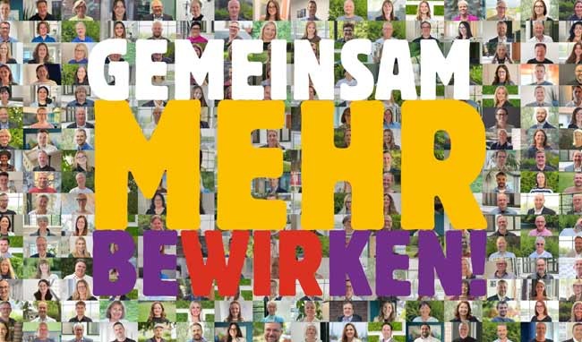 Große Schrift GEMEINSAM MEHR BEWIRKEN mit vielen Bildern von Personen im Hintergrund